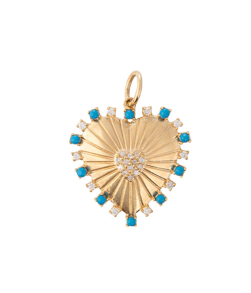 Juliet Pleated Heart Burst Charm with Diamonds and Turquoise - 14K